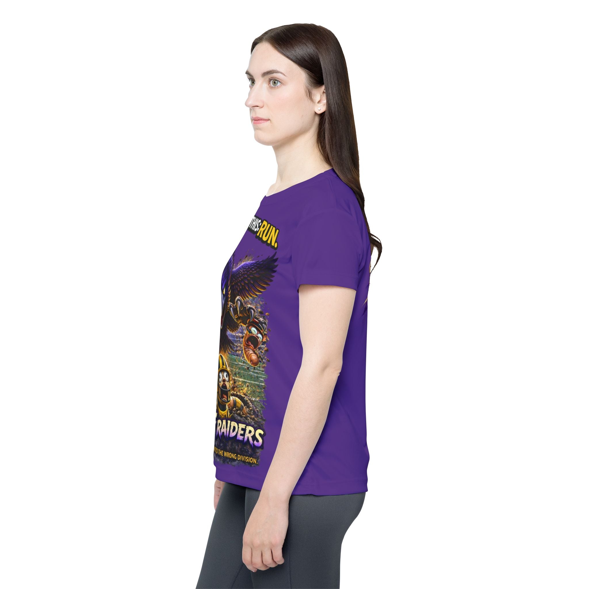 TimeWarp Drip Strut fierce in the Turf Raiders Women's Purple Sports Jersey—Division Battle by TimeWarp Drip, paired with sleek gray leggings. streetwear apparel