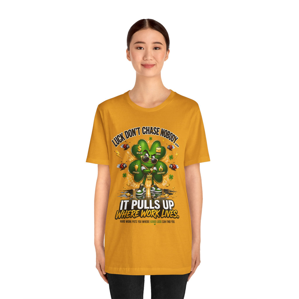 TimeWarp Drip Confident woman rocks a white Printify 4-Leaf Clover tee—streetwise style, bold luck, clean minimal background. streetwear apparel