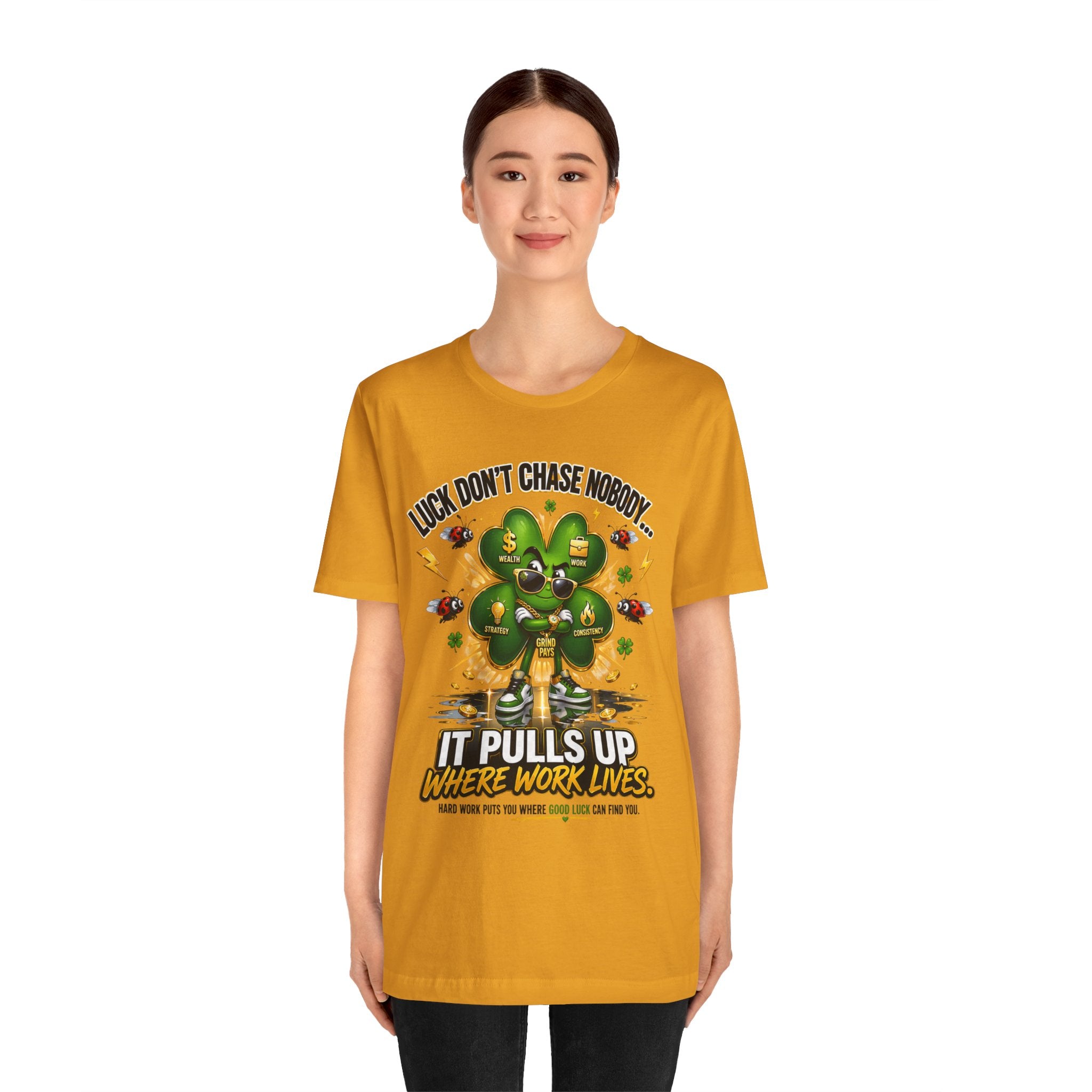 TimeWarp Drip Confident woman rocks a white Printify 4-Leaf Clover tee—streetwise style, bold luck, clean minimal background. streetwear apparel