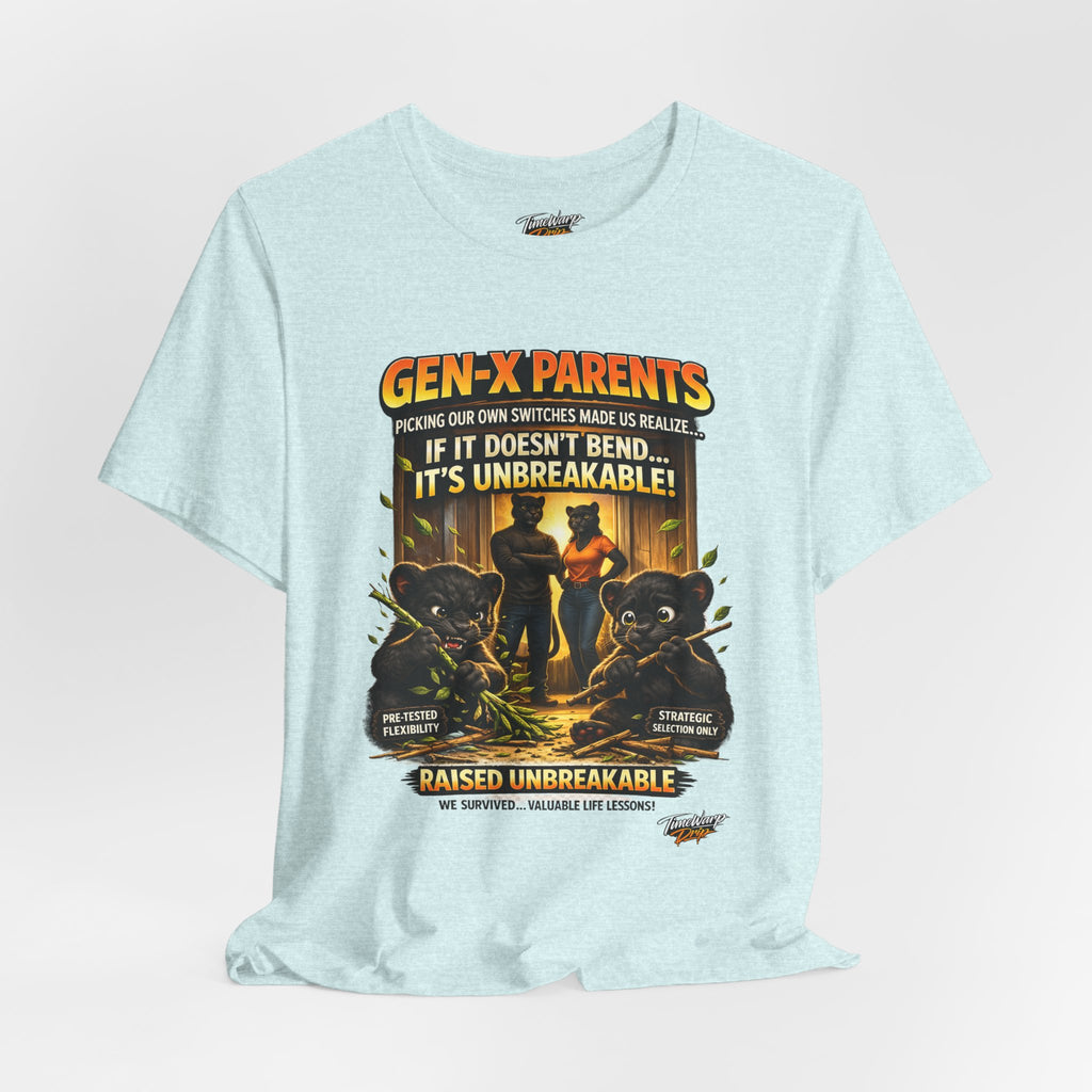 TimeWarp Drip Light blue Raised Unbreakable tee by Printify, streetwise Gen X drip with bold “Picked Our Own Switches” retro graphic. streetwear apparel