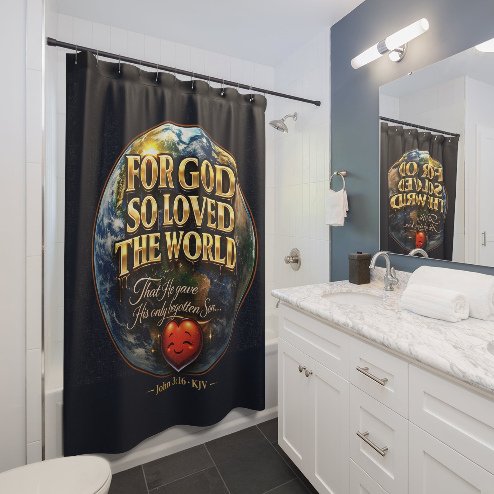 TimeWarp Drip Turn heads with this navy blue John 3:16 shower curtain from Printify—faith meets streetwise swagger in your bathroom drip. streetwear apparel