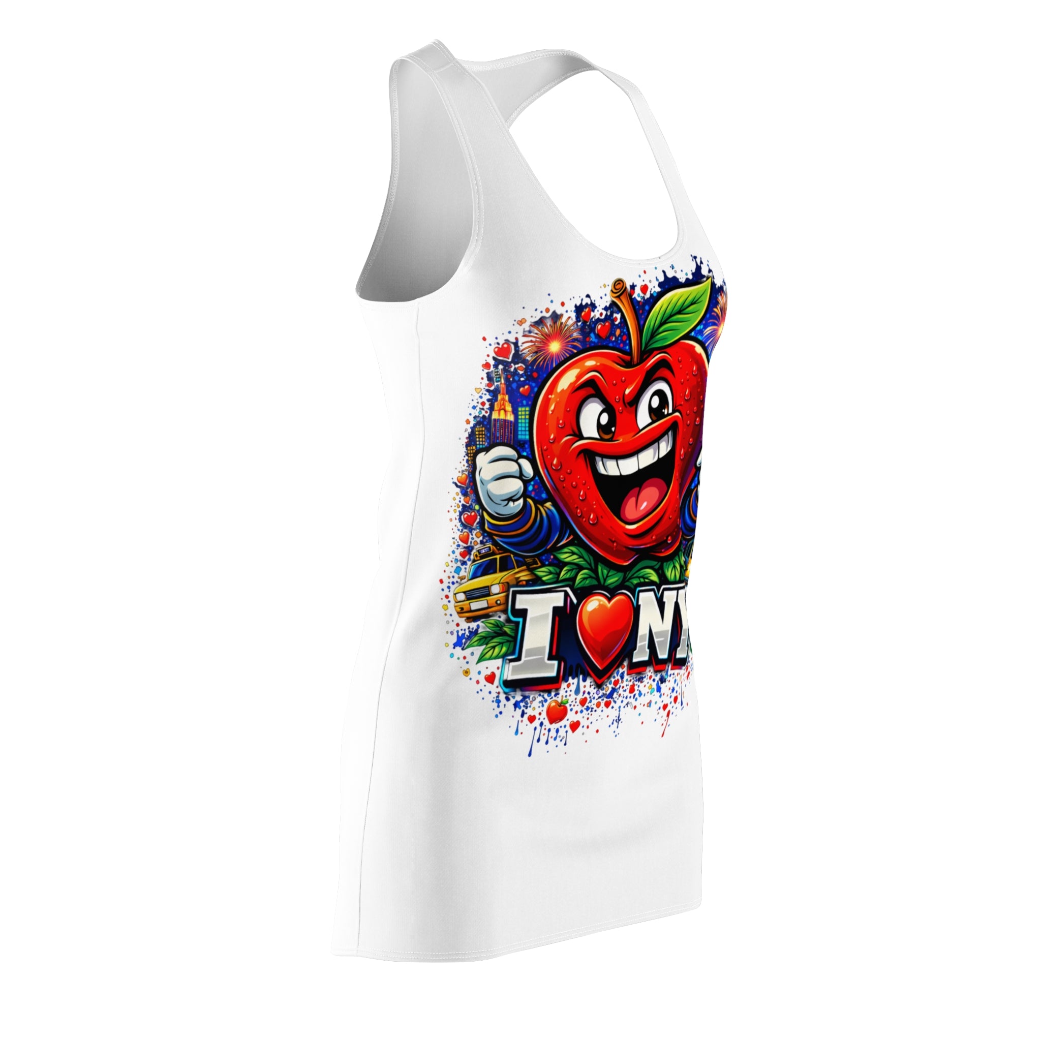 White racerback dress with all-over New York City skyline print, featuring "Big Apple Attitude" design by TimeWarp Drip.