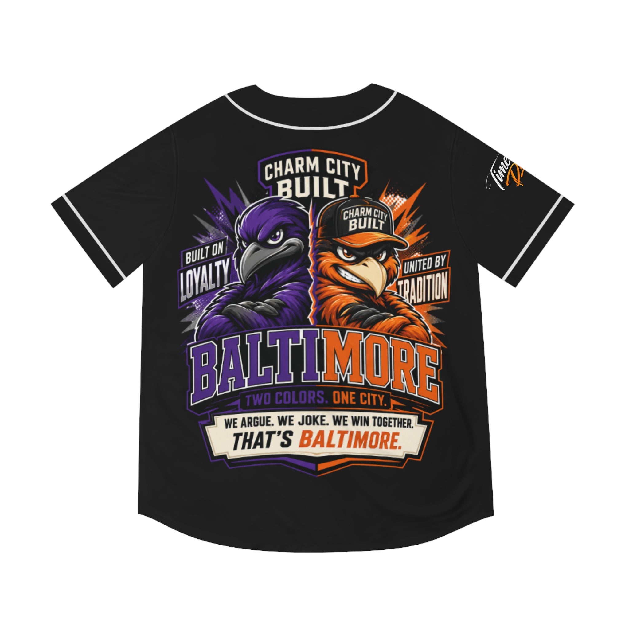 TimeWarp Drip – Black Baltimore baseball jersey, bold "Charm City Built" script, cartoon purple raven, orange oriole; moisture-wicking. | premium streetwear