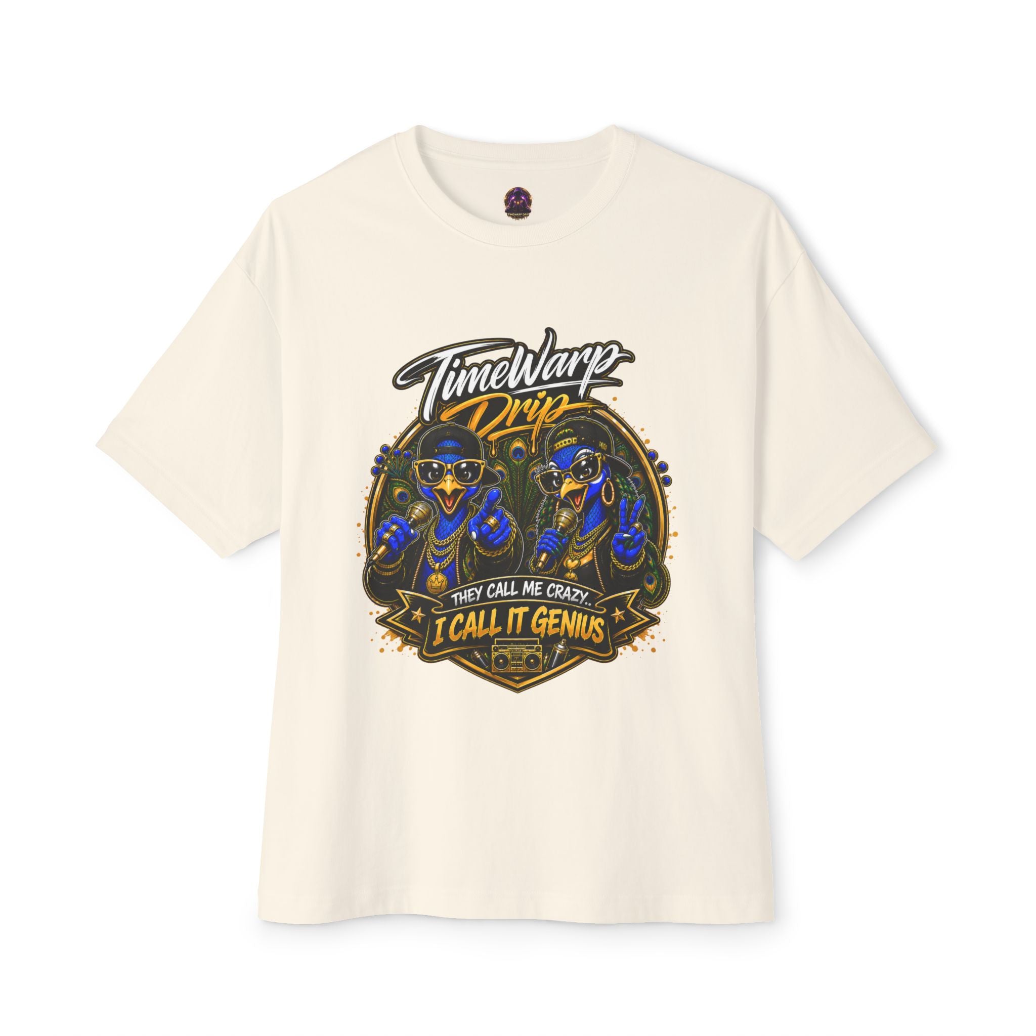 TimeWarp Drip – Black street art tee, dual peacock graphic, "They call me crazy. I call it genius." Oversized boxy city fit. | premium streetwear