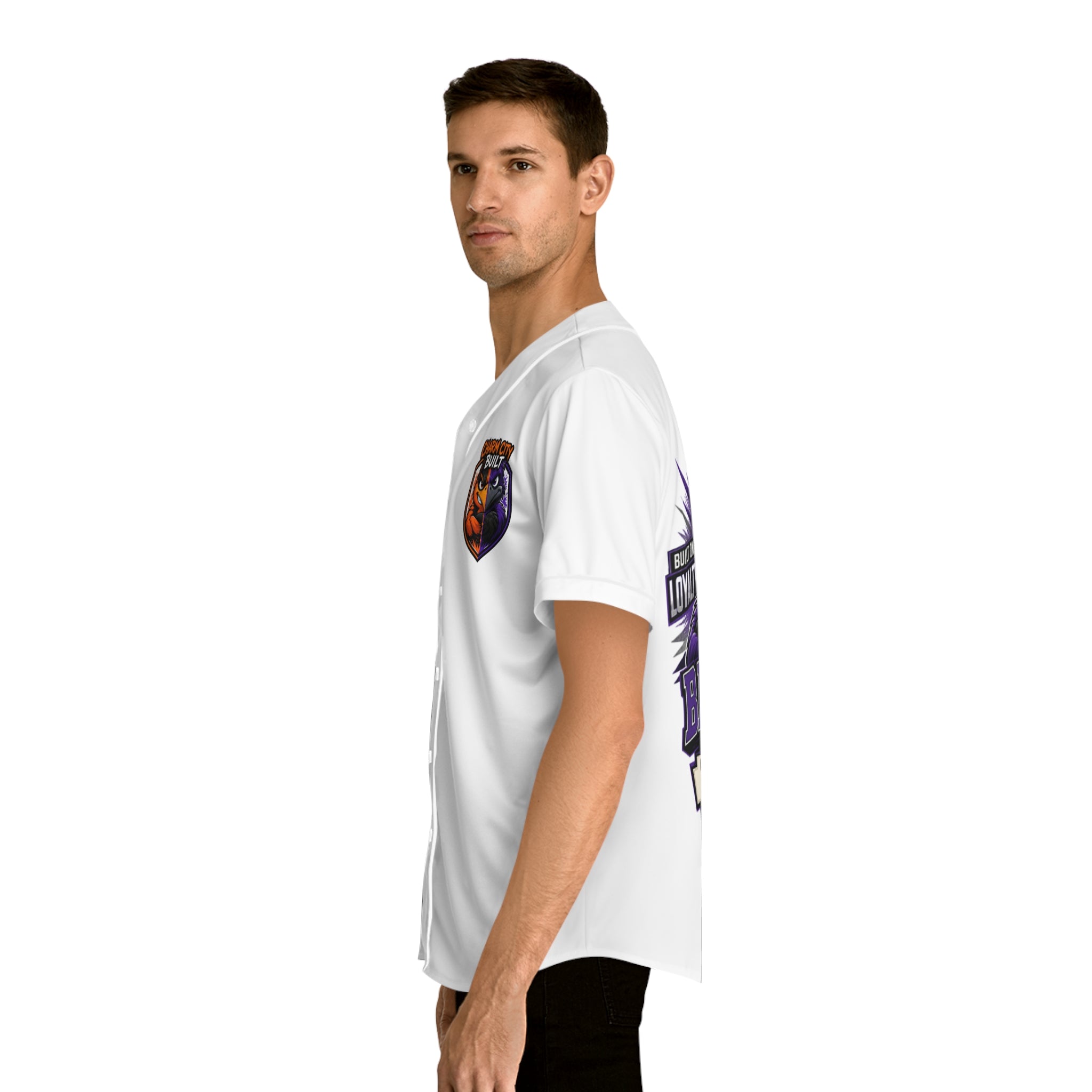 TimeWarp Drip Rocking the white baseball jersey, Charm City Built edition—owl patch, purple wings, street drip vibes on display. 