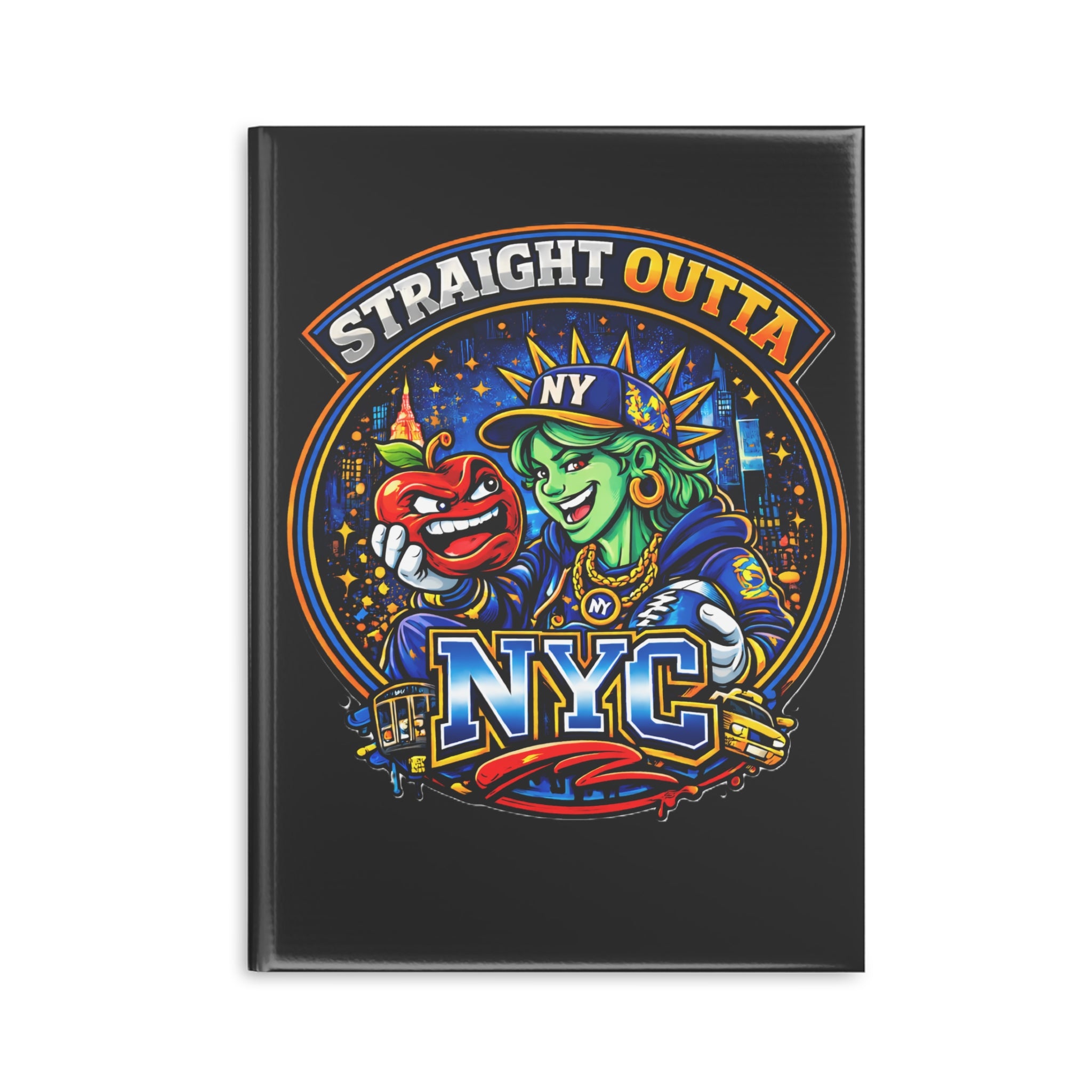 Black hardcover notebook with "Straight Outta NYC" and Statue of Liberty graphic on the cover, featuring paper journal pages.