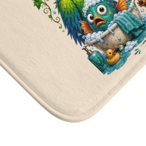 TimeWarp Drip’s beige bath mat drips with street style—cartoon fish, bubbles, and soap pop on a cream backdrop. Bold "TimeWarp Drip"!. streetwear apparel