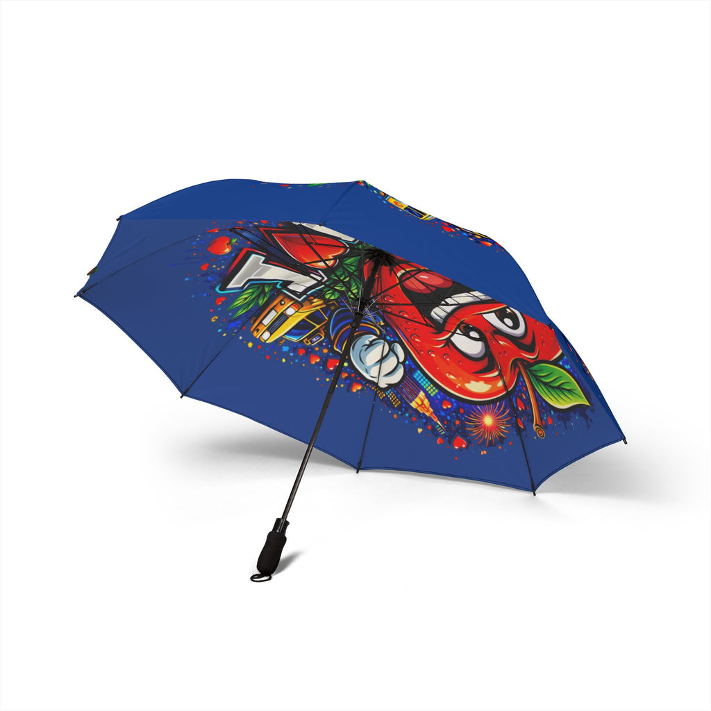 Blue I Love NYC foldable semi-automatic umbrella with colorful city print, compact rain accessory from TimeWarp Drip.