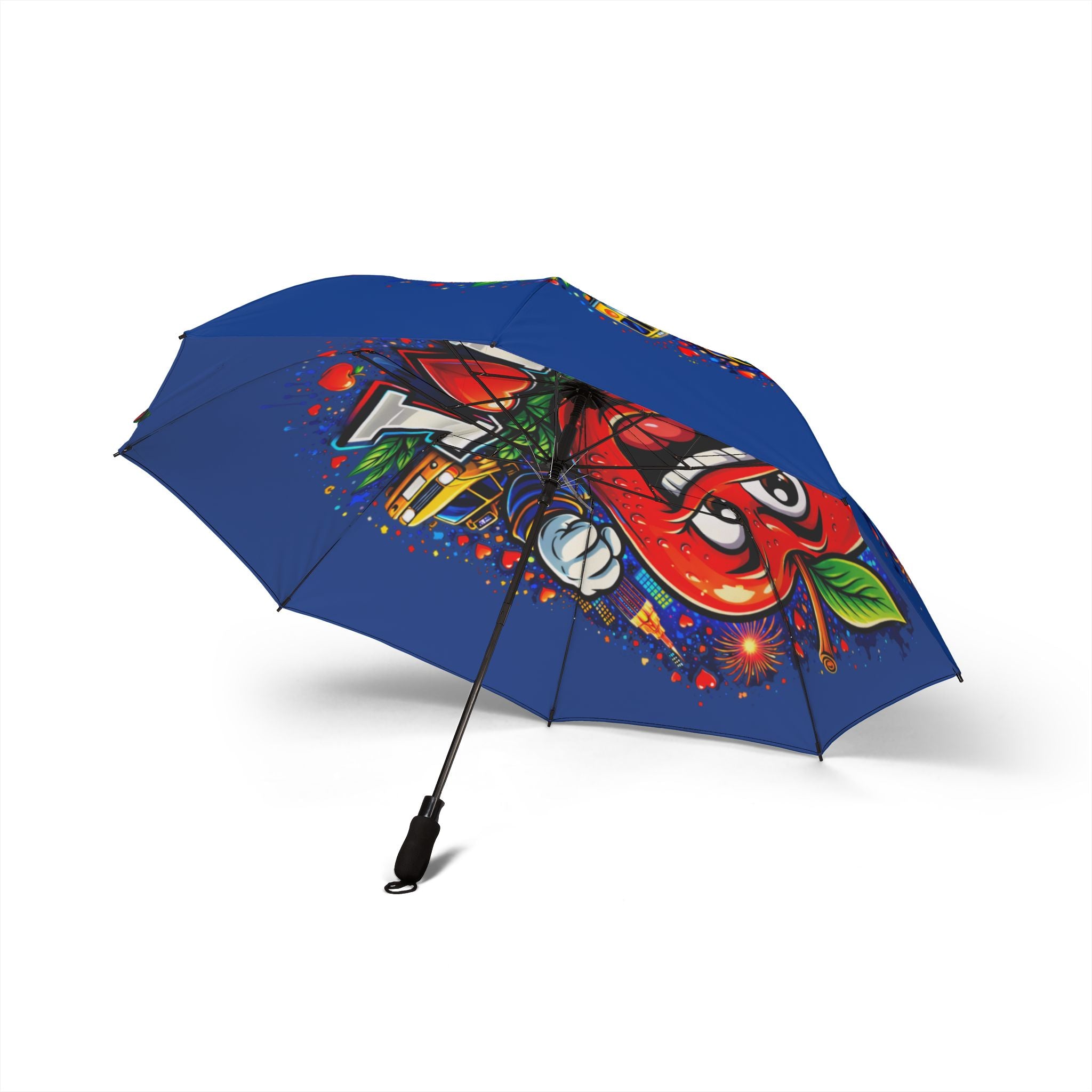Blue I Love NYC foldable semi-automatic umbrella with colorful city print, compact rain accessory from TimeWarp Drip.