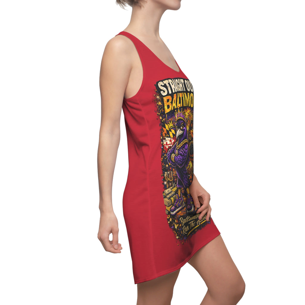 A woman models the Printify Red Racerback Dress—Straight Outta Baltimore—“Charm City Attitude”—with colorful artwork and a purple bird, capturing true Charm City pride against a white background.