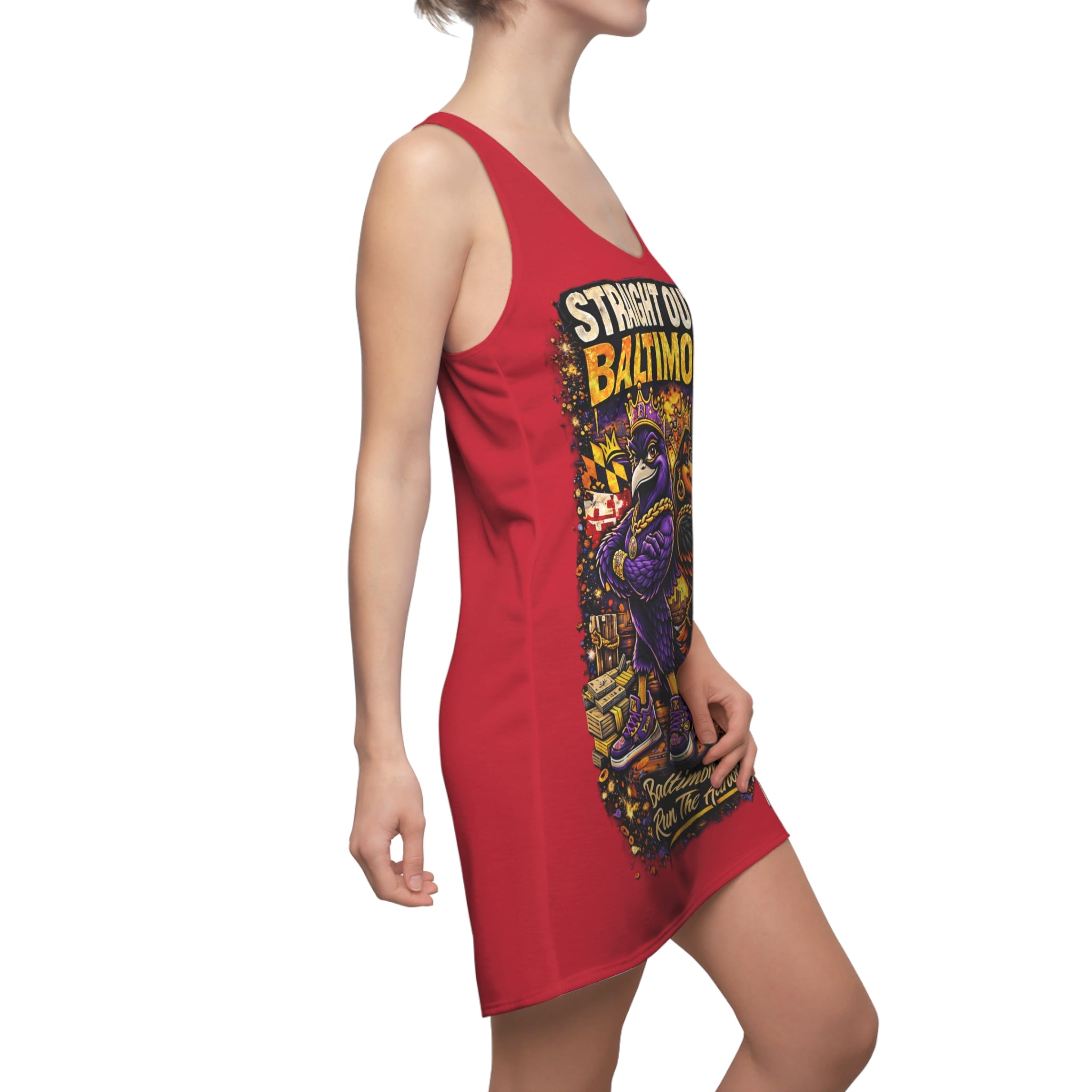 A woman models the Printify Red Racerback Dress—Straight Outta Baltimore—“Charm City Attitude”—with colorful artwork and a purple bird, capturing true Charm City pride against a white background.
