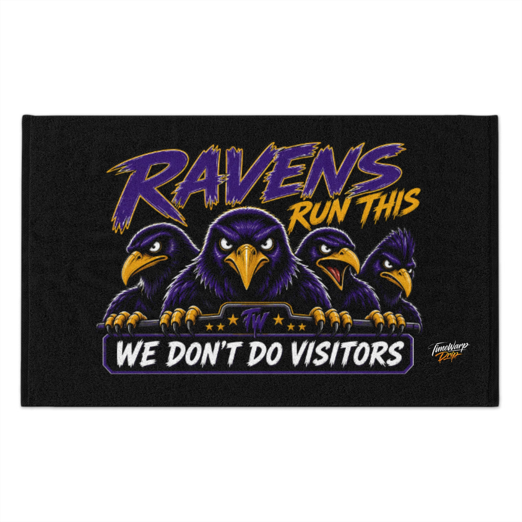 TimeWarp Drip TimeWarp Drip: Four swaggering cartoon ravens flex "Ravens Run This" on sleek black rally towel, Printify, 11x18 streetwear style. streetwear apparel