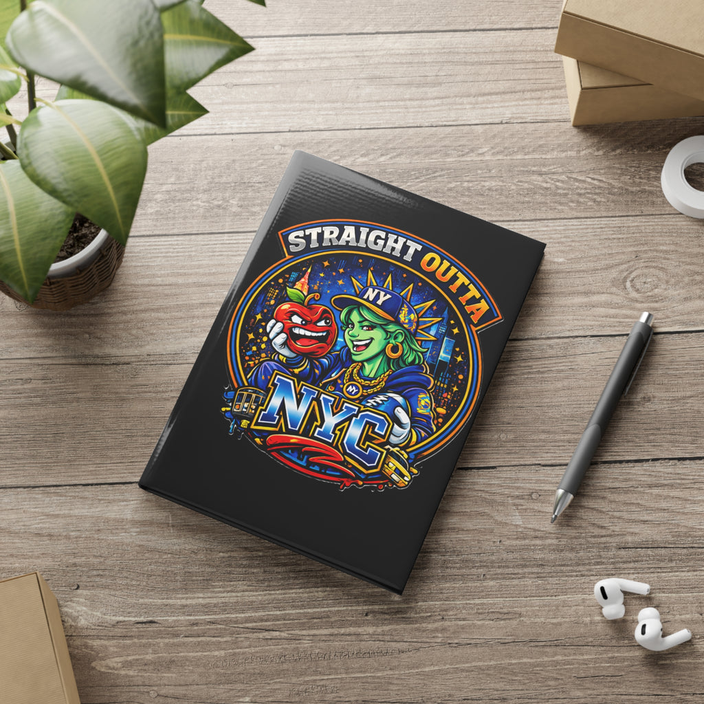Black hardcover notebook with a New York City Statue of Liberty graphic, titled "Straight Outta NYC," by TimeWarp Drip.