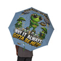 TimeWarp Drip Drip check: Blue Printify foldable umbrella with bold frog cartoon—waterproof, stylish, and streetwear fresh. streetwear apparel