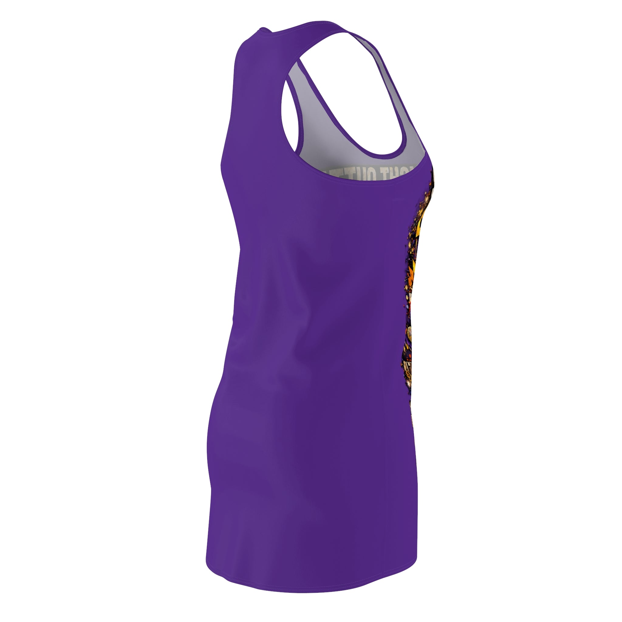 The Printify Purple Racerback Dress - Straight Outta Baltimore - "Charm City Attitude" features a sleeveless design, smooth fabric, and a vibrant pattern on the front edge, shown here from a side angle.