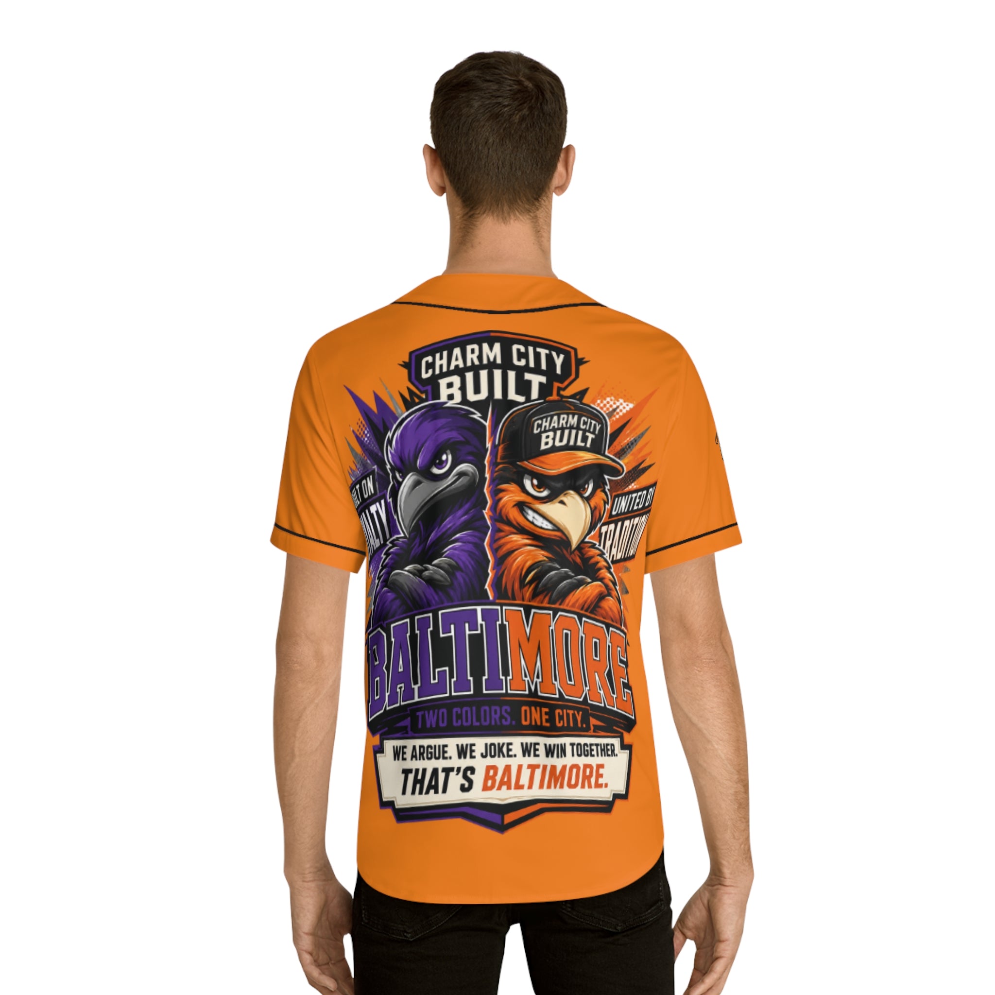TimeWarp Drip – Orange baseball jersey with "Charm City Built" detail, worn by man with back to camera—bold urban streetwear energy. | premium streetwear
