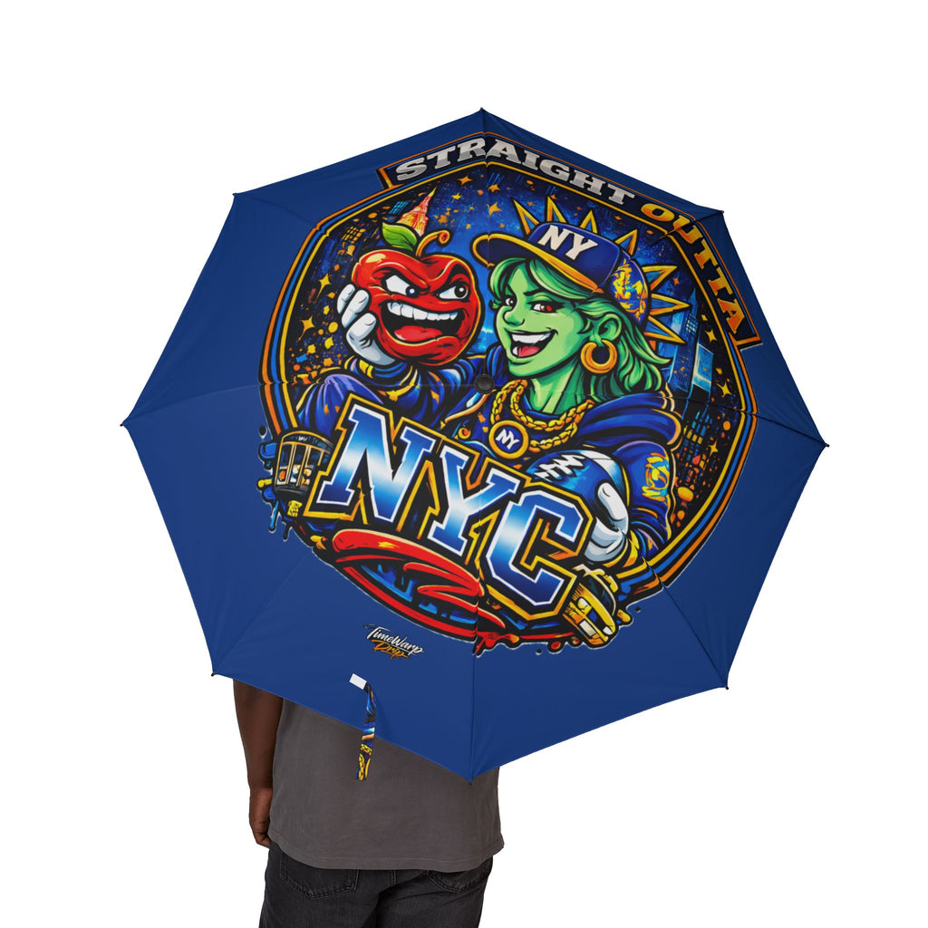Blue NYC Night Out foldable umbrella featuring a colorful design, semi-automatic rain umbrella from TimeWarp Drip.