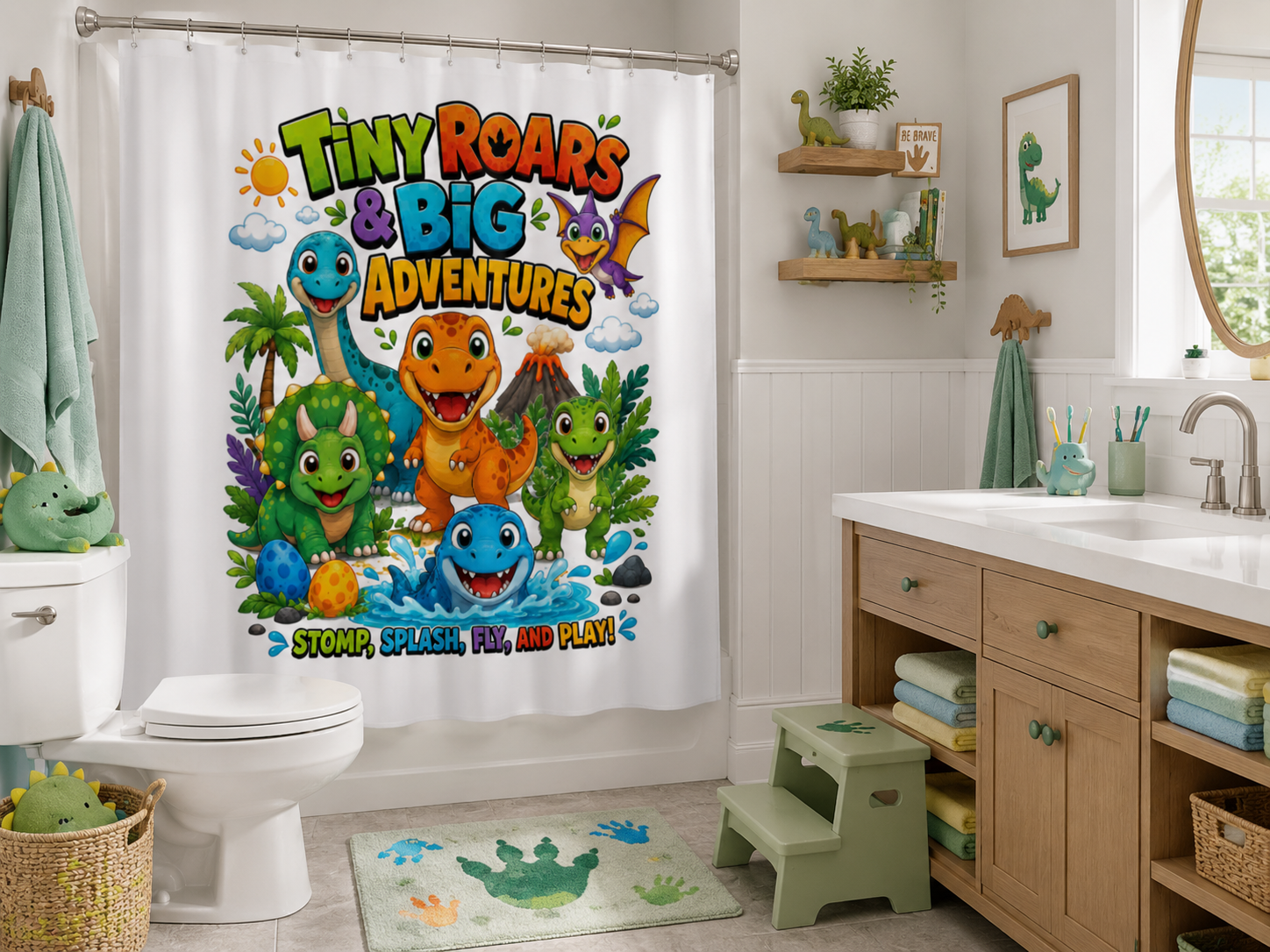 TimeWarp Drip Tiny Roars & Big Adventures Shower Curtain – Multi – Kids Bathroom Decor | TimeWarp Drip
