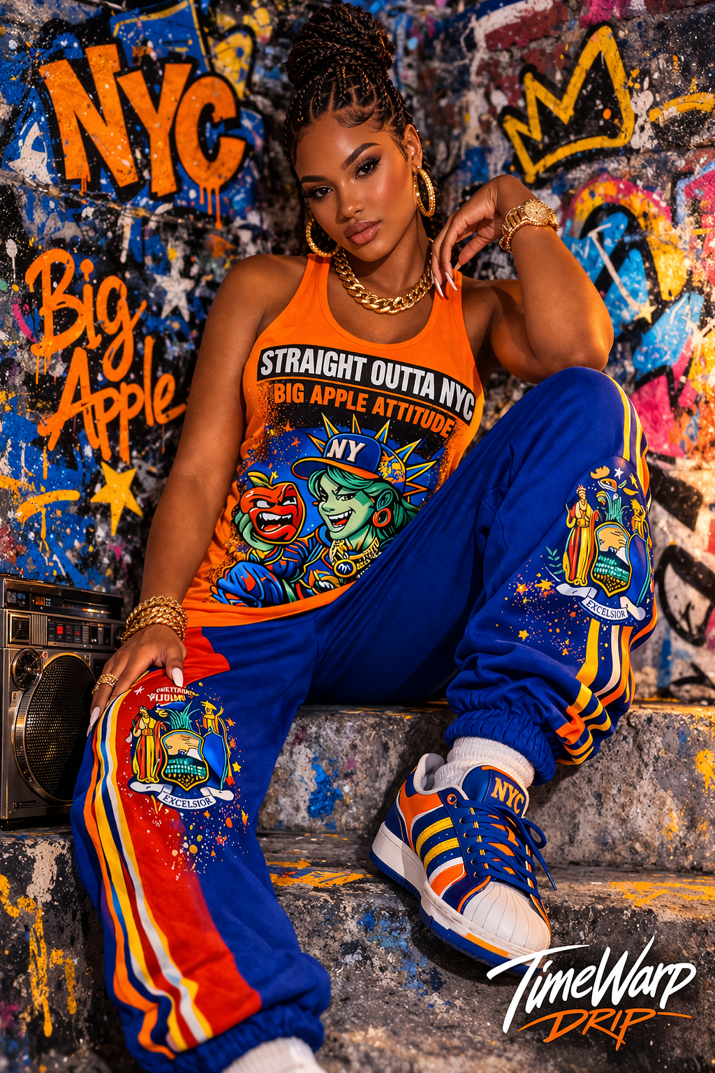 TimeWarp Drip Confident woman flexes bold streetwear—sleek black bomber jacket and luxe jeans—against vibrant NYC Big Apple graffiti backdrop. streetwear apparel